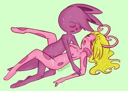 1boy 1girls antennae_(anatomy) austin_(backyardigans) backyardigans blonde_hair blush breasts_apart completely_nude completely_nude_female completely_nude_male dutch_angle full_body hetero long_hair missionary_position no_nose penis pink_skin purple_body sex simple_background small_breasts small_nipples straight sweat tagme uncensored uniqua