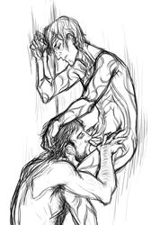 2boys blowjob dragon_age dragon_age_2 elf eyes_closed fenris_(dragon_age) gay hawke human male male_only markings multiple_boys standing tagme tattoo yaoi