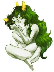 2girls age_difference blush breasts closed_eyes female green_hair grey_skin homestuck horns incest kissing long_hair milf ms_paint_adventures multiple_girls nepeta_leijon nude short_hair sukka the_disciple troll white_background yuri