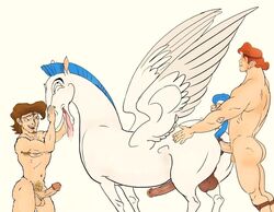 3boys anal_penetration anal_sex artist_request backsack ballsack beard bestiality blue_mane blue_tail brown_hair closed_eyes disney equine erect_nipple erection facial_hair feathered_wings gay genderswap_(ftm) ginger_hair greek_mythology headband hercules_(character) hercules_(disney) holding_tail horse horsecock human interspecies male male_only megara nipple_peek nude pegasus pegasus_(hercules) penis penis_size_difference pleasure_face pubic_hair rule_63 tail_raised testicles veiny_penis white_fur zoophilia