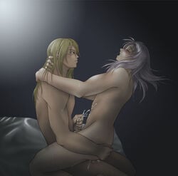 blush cecil_harvey cum final_fantasy final_fantasy_iv human kain_highwind male male_only male_penetrating multiple_males on_bed open_mouth simple_background straddling tagme white_hair yellow_hair