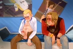 2boys brothers clothed cum_dripping dermott_fictel gay hank_venture incest leaning_forward looking_at_penis male_only masturbation on_bed orgasm_face pants_open penis_out posters shirt_open tagme teen_boy teenager testicles venture_brothers watching