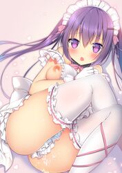 apron ass bangs blush bow bowtie breasts cowboy_shot cum detached_collar eyebrows_visible_through_hair female frilled_apron frills frown gochuumon_wa_usagi_desu_ka? hair_ornament hairclip heart legs_crossed looking_at_viewer naked_apron nipples open_mouth purple_eyes purple_hair rabbit_house_uniform shadow shibainu_niki tedeza_rize thighhighs twintails waitress white_apron white_legwear