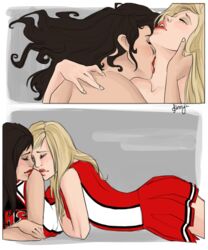 blonde_hair brittany_pierce brown_hair cheerleader glee_(tv_series) santana_lopez stormchylde yuri