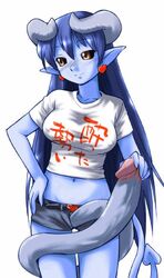 1futa astaroth astaroth_(shinrabanshou) black_sclera blue_hair blue_skin breasts busty cleavage clothing demon_ears demon_girl demon_horns demon_tail demonic_eyes earrings erect_nipples erect_nipples_under_clothes futa_only futa_sans_balls futanari horns hyper_penis intersex jean_shorts jewelry kanji long_penis navel nipples penis pointy_ears shinrabanshou solo succubus t-shirt tail very_long_penis voluptuous