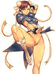 boots bottomless bracelet breasts brown_hair bun_cover capcom casual_exposure china_dress chinadress chinese_clothes chun-li double_bun erect_nipples female female_only fumio_(rsqkr) human jewelry leg_lift pussy short_hair solo spiked_bracelet spikes straight_hair street_fighter uncensored