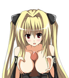 blonde_hair blush breasts dark_penis female human kakura konjiki_no_yami large_breasts male paizuri penis precum red_eyes straight tied_hair titfuck to_love-ru topless twintails uncensored very_long_hair