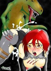 ass blood blush breasts cum cum_inside dino_crisis dinosaur doggy_style female from_behind gmeen nipples open_mouth rape red_hair regina_(dino_crisis) sex short_hair straight torn_clothes zoophilia