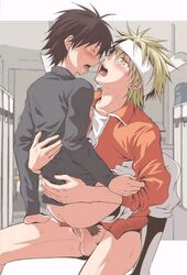 anal blonde_hair blush bottomless brown_hair closed_eyes cum cum_in_ass grip gym_clothes gym_uniform hold holding jacket kissing lap_sex locker_room lockers male male_only pants_pull penis pubic_hair saliva sex short_hair straddle tears tongue uncensored yaoi yellow_eyes