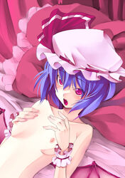 blue_hair cute_fang flat_chest hands hat kurokuro nude nude_cover red_eyes remilia_scarlet short_hair sketch touhou wings