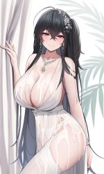 1girls ahoge azur_lane black_hair blush breasts bukkake cleavage_dress cum cum_on_body dress ear_piercing elegant_dress female hair_ornament hips huge_breasts jewelry light-skinned_female light_skin long_hair naughty_face necklace red_eyes side_ponytail side_slit siu_(siu0207) slim_waist smile taihou_(azur_lane) taihou_(temptation_on_the_sea_breeze)_(azur_lane) thick_thighs thighhighs thighs wedding_dress white_dress wide_hips