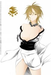 akitsu_(sekirei) breasts brown_hair chains clothing gokurakuin_sakurako japanese_clothes kimono logo open_clothes open_shirt red_eyes sekirei shirt small_breasts