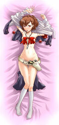 armband armwear belt blush brown_eyes censored clothing convenient_censoring cum dakimakura digital_media_player evoker female female_protagonist_(persona_3) footwear gun headphones highres human kotone_shiomi legwear mp3_player pale_skin persona persona_3 persona_3_portable pistol red_eyes ribbon school_uniform segami_daisuke short_hair skirt_removed socks solo tears undressing weapon