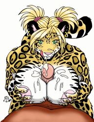 1boy 1girls 2002 2d anthro big_breasts blonde blonde_hair breasts cum digital_media earrings faceless_male feline female female_focus fur furry furry_ears grabbing_breasts green_eyes kyle_hutchings lepoard licking_lips male paizuri penis piercing pigtails pov pov_eye_contact straight tail titfuck voluptuous wildcat