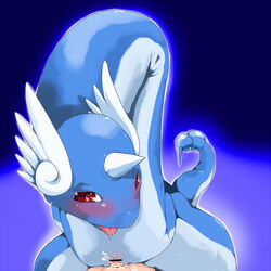 1boy 1girls artist_request blue_skin blush censored cum cum_inside dragon dragonair furry glow glowing head_wings headwings horn monster pokémon_(species) pokemon pokemon_rgby pokephilia pov pussy red_eyes saliva sex shiny tail tongue wings zoophilia