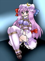 arms_behind_back ball_gag blush bondage bound_ankles bound_legs box_tie breast_bondage breasts cum_on_ass gag gagged garter_belt helpless lili_(artist) lilish patchouli_knowledge pussy_juice saliva tears thighhighs touhou upskirt