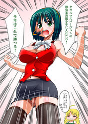 censored cleavage erect_nipples green_eyes green_hair headphones hoshii_miki idolmaster navel no_panties otonashi_kotori pubic_hair pussy rikumoto_yoshiyuki short_hair thighhighs translation_request upskirt