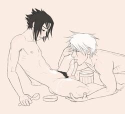 blush erection hatake_kakashi human ice_cream kakashi_hatake legs_held_open licking male male_only monochrome multiple_males naruto nude oral penis pubic_hair sasuke_uchiha spread_legs straight_hair testicles uncensored yaoi yaoiismy