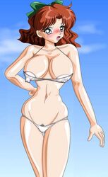 bikabika bikini bishoujo_senshi_sailor_moon blush breasts brown_hair cleavage color erect_nipples female female_only huge_breasts naru_osaka nipples short_hair sky sky_background smile solo standing straight_hair swimsuit