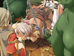 1girls anal ass bent_over blush bondage breasts censored chains fellatio female forced_oral himegari_dungeon_meister monster oral orc penis pillory rape spanked stocks torn_clothes white_hair