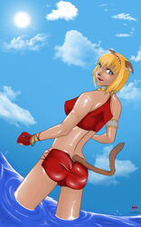 animal_ears armband back_view blonde_hair blue_eyes bracelet cat_ears cat_tail catgirl clothes day female final_fantasy final_fantasy_xi fur furry furry_ears furry_tail gloves hair hairband jewelry mithra open_mouth outdoors solo standing standing_in_water swimsuit tail water