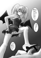 clothing cum demon_wings dress female from_below high_heels hoshina_utau monochrome naughty panties pantyshot penis ponytail shoejob shugo_chara shugo_chara! solo stomp text tied_hair translation_request twintails upskirt wings