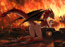 1girls anus ass breasts dr_comet dragon dragoness female fire giantess highres looking_back monster_girl pussy raised_tail scalie sideboob solo tail tail_anus uncensored wings