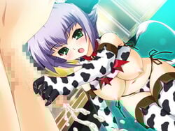 1boy 1girls animal_ear bb bikini blush breasts censored cow_girl cow_print cow_print_gloves cum ejaculation female gloved_handjob gloves handjob hime-sama_gomeirei_wo! horns large_breasts light-skinned_female light-skinned_male light_skin male swimsuit tail