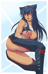 animal_ears ass blue_hair blush breasts capcom color dark-skinned_female dark_skin female female_only foxhound220 hairband long_hair monster_hunter muscle nargacuga_(armor) naughty_face open_mouth pussy red_eyes scales shiny solo spread_pussy tongue uncensored wolfling