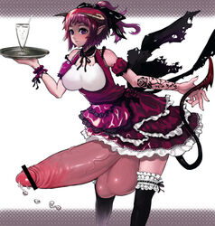 arm_tattoo censored chikokuma demon_girl demon_tail flower_tattoo futanari glass hair hair_ribbon horns huge_cock intersex multicolored_hair no_panties penis pointy_ears ponytail precum purple_eyes purple_hair red_hair ribbon rose rose_tattoo shiny skirt tail tattoo testicles thighhighs tied_hair veins waitress wings