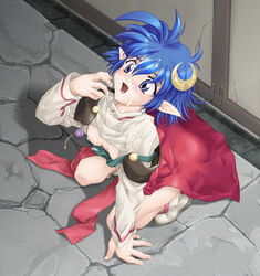 2001 blue_eyes blue_hair clothing cum hairclip minagi_tomo pointy_ears rena_lanford small_breasts star_ocean star_ocean_the_second_story