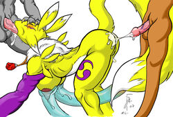 1girls 2007 2boys 2d anal anal_insertion anal_penetration anal_sex anthro anthro_on_anthro anthro_only artist_request balls cum cum_in_mouth cum_on_ass cumming digimon digital_media fellatio female female_focus furry furry_only irrumatio male oral oral_sex renamon sex simple_background slit spitroast straight testicles threesome white_background