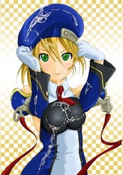 adjusting_hat beret blazblue blonde_hair bukkake cum cum_on_clothes gloves green_eyes hat marubonman noel_vermillion solo