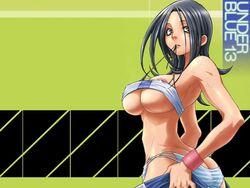 1girls breasts eureka_seven eureka_seven_(series) female green_eyes mouth_hold nipple_slip nipples panties solo striped striped_panties talho_yuki underboob underwear undressing wallpaper