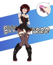1girls blush female female_only remote_control_vibrator ruby_rose rwby short_hair simple_background standing thighhighs vibrator