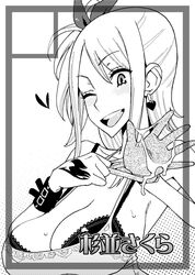 big_breasts blush bra breasts circle_cut cleavage cum cum_on_hand fairy_tail female female_only gloves huge_breasts human large_breasts lingerie long_hair lucy_heartfilia monochrome ogata_mamimi smile solo tattoo underwear wink