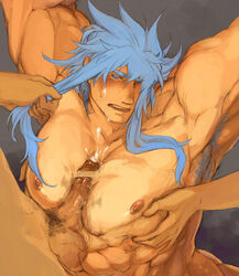 bara blue_hair cum cum_on_face cum_on_pecs gay hair male male_only moobs muscle muscles nikumeron nipples nude paizuri pecjob regal_bryant tales_of_(series) tales_of_symphonia yaoi