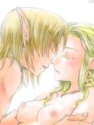 breasts closed_eyes female link link_(ocarina_of_time) lowres nintendo ocarina_of_time pointy_ears princess_zelda straight_hair the_legend_of_zelda zelda_(ocarina_of_time)