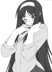 hairband long_hair monochrome shichimenchou simple_background sweat tohno_akiha tongue toono_akiha tsukihime type-moon