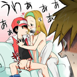 1girls 2boys after_kiss agemono baseball_cap blonde_hair blue_oak bottomless breasts color couple daisy_oak duo empty_eyes erection female green_(pokémon) hairband hat headband human human_only legwear long_hair multiple_boys nintendo nude onomatopoeia ookido_green ookido_nanami pants_down penis pokemon pokemon_rgby pubic_hair red_(pokemon) saliva saliva_string saliva_trail shocked sitting sofa surprised thighhighs translation_request uncensored video_games