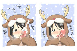 black_hair brown_eyes censored costume cum ejaculation handjob ichigo_mashimaro itou_nobue licking makarou penis reindeer short_hair tongue two-handed_handjob veiny_penis