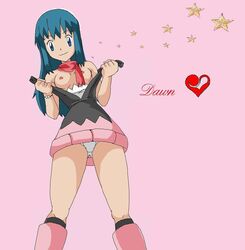 blue_eyes blue_hair boots breasts dawn_(pokemon) female female_only footwear human looking_at_viewer panties pokemon pokemon_dppt scarf smile solo straight_hair underwear undressing white_panties