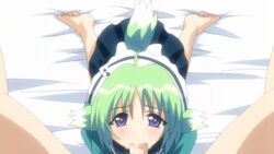 1boy 1girls 2d animal_ears animal_tail animated barefoot bed cap censored character_request feet fellatio female green_hair human human_male looking_at_viewer loop male male_pov on_bed oral oshiete_re:maid pov screencap sex straight tail