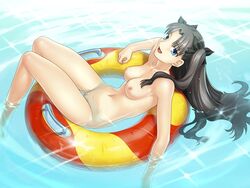 1024x768 bow breasts fate/stay_night fate_(series) female innertube long_hair nude pussy solo tied_hair tohsaka_rin twintails type-moon uncensored wallpaper water wet