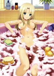 bath bath_brush bathing bathtub blonde_hair blue_eyes breasts brush female hair high_resolution koutaro life_sized long_hair navel nipples nude pussy rubber_duck smile solo uncensored