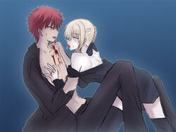 artoria_pendragon artoria_pendragon_(alter) blood couple emiya_shirou fate/stay_night fate_(series) female male red_hair saliva tongue_out