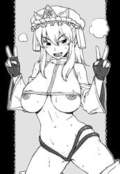 1girls breasts clit_slip clitoris_slip cosplay detached_sleeves double_v eiki_shiki female fingerless_gloves fusion gloves hat huge_breasts micro_panties monochrome naughty_face nipple_slip nipples shaved_pussy solo touhou underboob v wamusato_haru yukari_yakumo