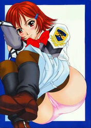 boots bow gunparade_march katou_matsuri panties pink_panties red_hair short_hair underwear uniform