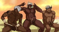 3boys abs bara beard dark-skinned_male dark_male_only dark_skin darui eating erect_nipples erection facial_hair flaccid food forehead_protector foreskin fully_retracted_foreskin gay gesture holding_penis killer_bee looking_at_viewer male male_only masturbation muscles naruto nude omoi one_eye_covered partially_retracted_foreskin pecs penis penis_size_difference platinum_blonde_hair popsicle rubensum spread_legs sunglasses tattoos uncircumcised white_hair wrapping yaoi