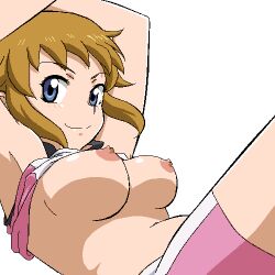 1girls armpits arms_behind_head big_breasts bike_shorts blue_eyes breasts brown_hair busty clothes_lift female female_only gomatarou gundam gundam_build_fighters gundam_build_fighters_try hoshino_fumina large_breasts legs looking_at_viewer midriff nipples pose sensual shirt shirt_lift smile solo sports_bra sports_bra_lift thighs